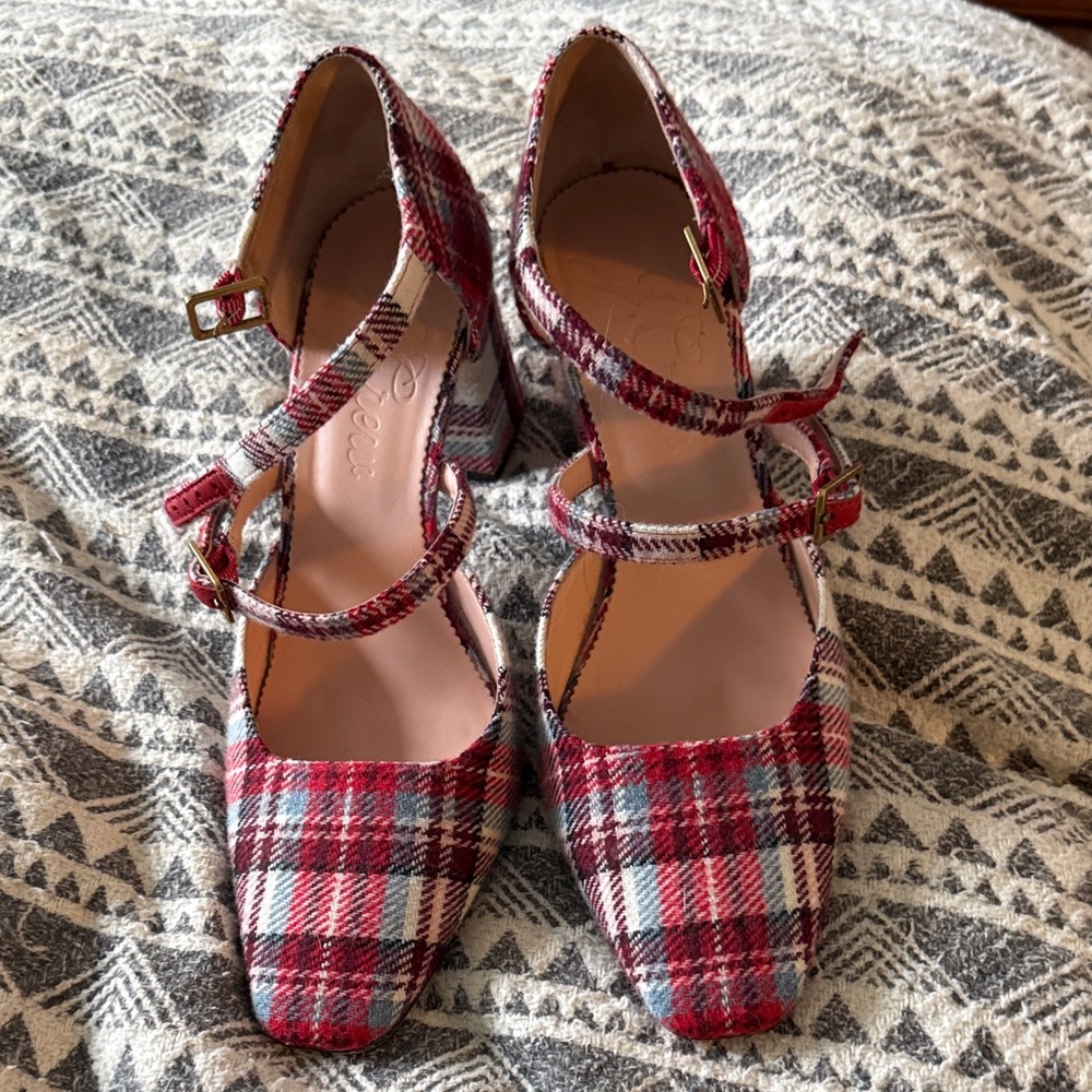 J. Crew Red Plaid Ankle Strap Heels